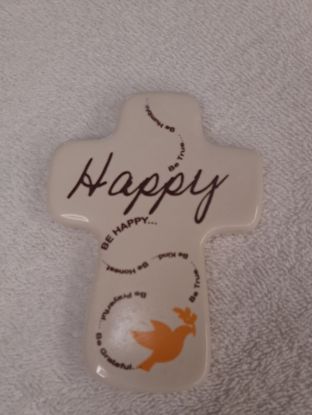 Ceramic Christian Cross Wall Decor With Dove And Inspirational Text.